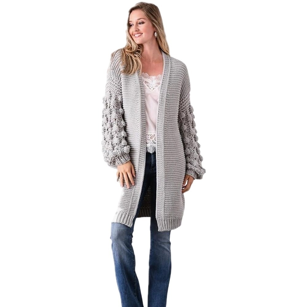 Simply Couture‎ Longline Cardigan Large Gray Popcorn Bubble Sleeve Chunky Knit